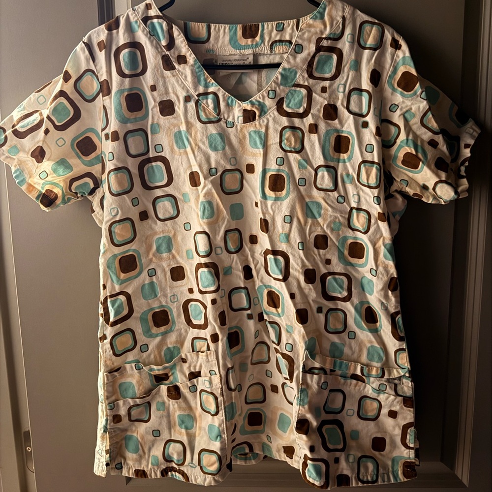Uniform Advantage Cream and Blue Geometric Scrubs